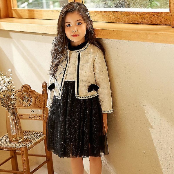 Kid Girl's Dress Suit 2-delad Elegant High Waist Gaze Dress Långärmad Kappa För 130 Black
