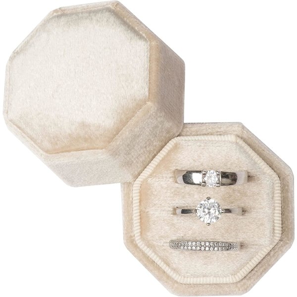 Equal Octagon Velvet Ring Box Förvaring 3 platser för bröllopsceremoni Förslag Förlovning Födelsedagspresent (beige)