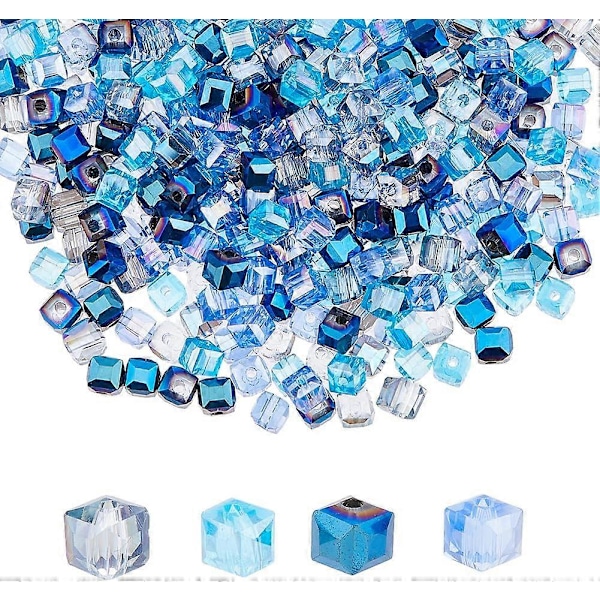 omtrent 400 stk. 4 farger 4 mm firkantede glassperler fasettert kube krystallperler glass kube avstandsperler transparente glassperler tråder for smykkelaging Hol