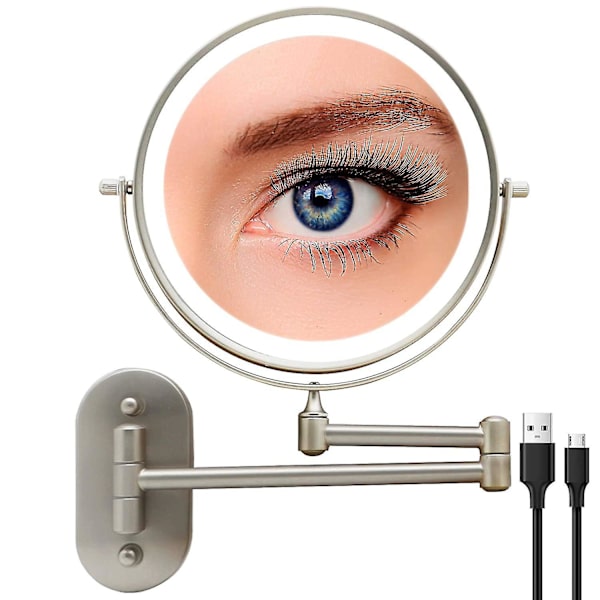 Genopladeligt makeup-spejl med lys til vægmontering, udtrækkeligt dobbeltsidet forstørrelsesspejl med 10x forstørrelse, 8 tommer LED-forstørrelsesspejl med 3 farver Brush Nickel