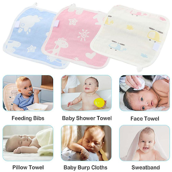 6-delt Baby Savleklud, 6-lags Baby Håndklæde, Gaze Firkantet Håndklæde Vaskeklud, Dobbeltsidet Mønster Set2
