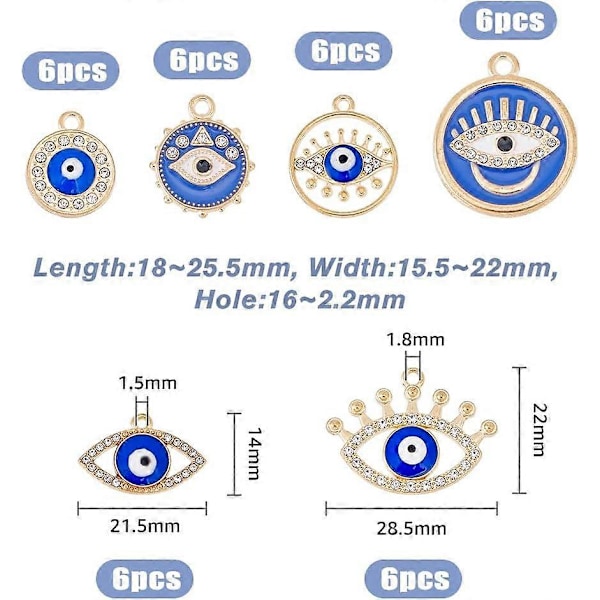 36 stk. 6 Stilarter Ondt Øje Rhinestone Charms Ondt Øje Legering Vedhæng Emalje Øje Vedhæng Charms til DIY Halskæde Armbånd Ørering Smykkefremstilling Hul: 1.5