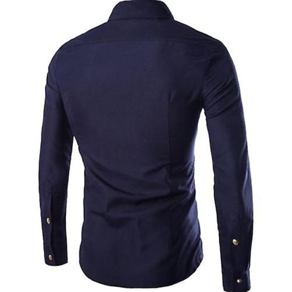 Herr Slim-fit Långärmad, Fashion Casual Långärmad Skjorta Navy M