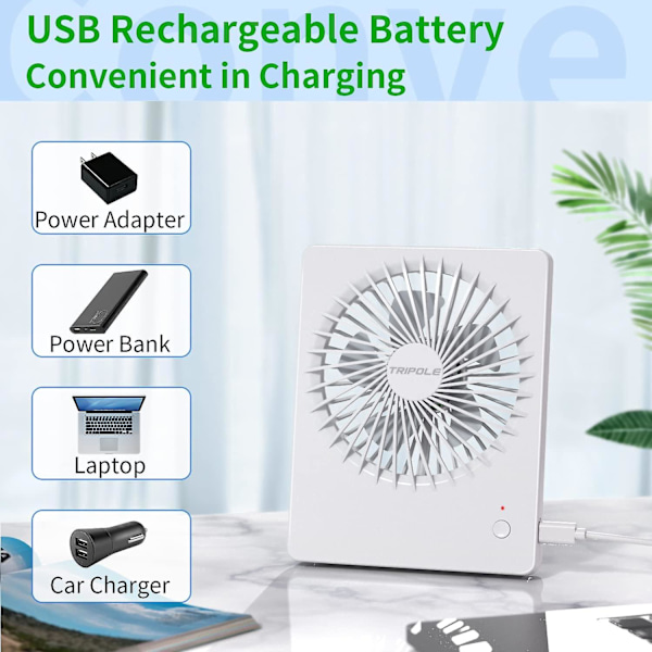 Bordsfläkt Tyst, 3 Hastigheter USB-Fläkt 1200mAh Uppladdningsbar Batterifläkt, 180 Justerbar Minifläkt - (Vit)