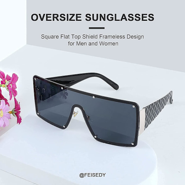 Heytea Oversized Firkantede Solbriller til Kvinder Mænd Ét Stykke Shades Metal Nitter Unikke Damebriller B2767