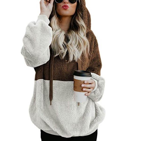 Blød Fuzzy Sweatshirt til Kvinder - Efterår & Vinter - Varmt Lynlås-Hoodie Trøje 4XL Block Color Khaki
