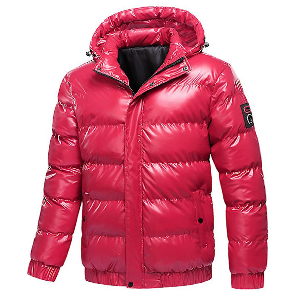 Herr glänsande dunjacka avtagbar huva vinter tjock värme pufferjacka Red 2XL