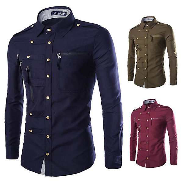 Herr Slim-fit långärmad, Fashion Casual långärmad skjorta Navy L