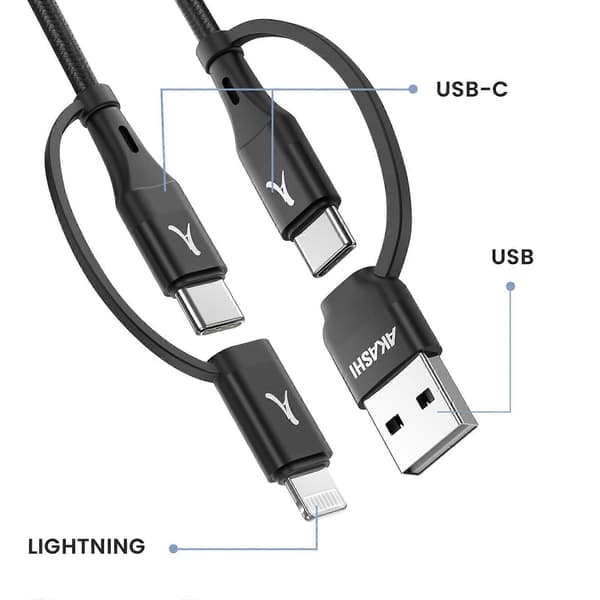 Kabel 4 i 1 USB-C og USB til USB-C og Lightning Opladning 20W 1m, Sort