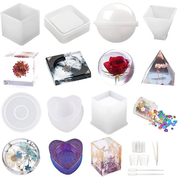 Epoxy Harpiks Formsæt, Silikonforme, Epoxy Harpiks Kit, Epoxyforme Inkluderende Sfærisk, Terning, Pyramide, Askebægre, Underlag, DIY Sæt Harpiksstøbe W
