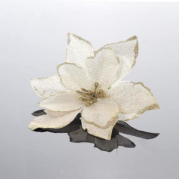 Sett med 12 kunstige glitter julestjerneblomster, gull, 13 cm