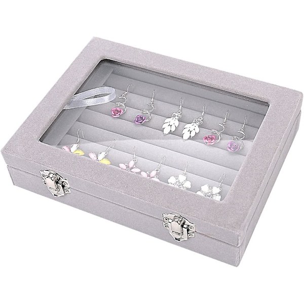 7 Rum Velvet Glas Ring Smykke Display Opbevaringsboks Bakke Etui Holder Ørering Organizer Stativ Grå