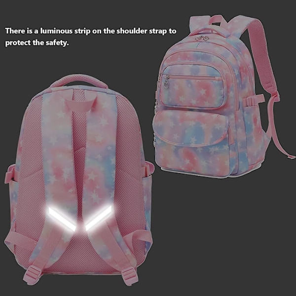 Goldwheat Mellanskola Skolväska Stjärnprint Vattentät Lysande Remsa Ryggsäck med Lunchväska Pennfodral 3-pack (Rosa)