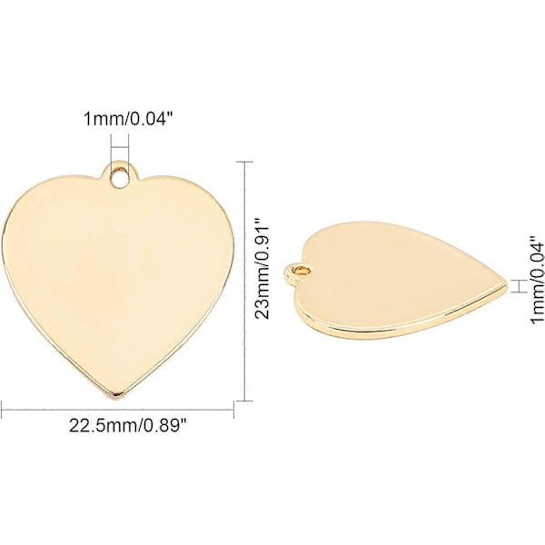ca 16 st Äkta 18K Guldpläterade Mässingshängen 23mm Lång Stämplingsblankett Hjärta för Smyckestillverkning Hål: 1mm