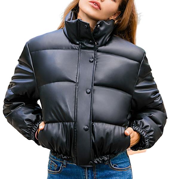 Läderrock med ståkrage, vindtät höst- och vinterjacka med vaddering för kvinnor 2XL Black