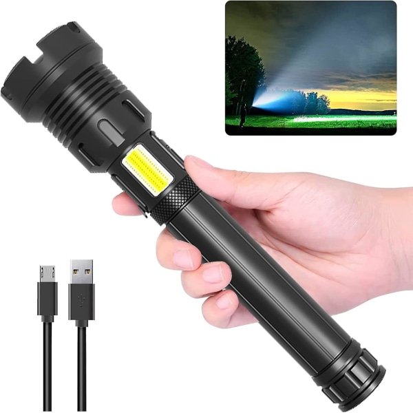 Erittäin tehokas LED-taskulamppu, 90000 lumenin COB LED sotilaallinen taktinen taskulamppu 10000 mAh:n USB-ladattavalla akulla, IP65 vedenpitävä, 7 tilaa, zoomattava
