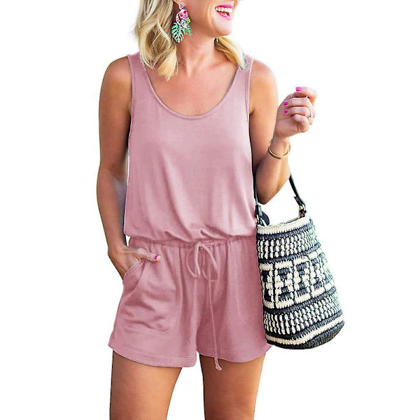 Dame Sommer Rund Hals Ærmeløs Tank Top Kort Jumpsuit Romper Pink M