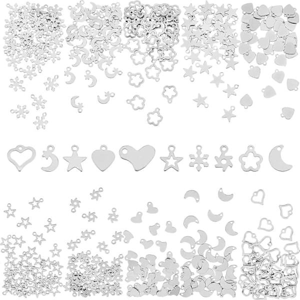 400 stk. 10 Stilarter Charms Vedhæng 201 Rustfrit Stål Hjerte Stjerne Måne Vedhæng 1,2-1,6 mm Hul Små Vedhæng Øreringe Dingle Charms Armbånd Vedhæng fo