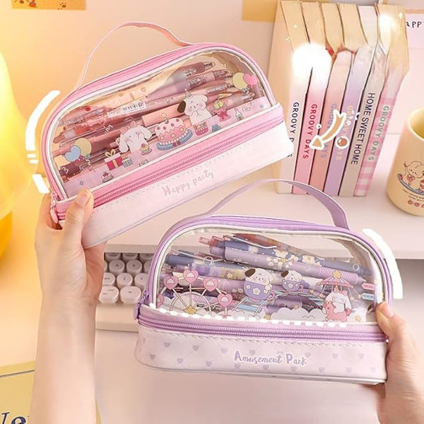Penneetui med stor kapacitet Kawaii 2 rum pose penalhus japansk kanvas kontorartikler penholder æstetisk lilla