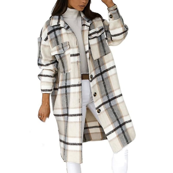 Uformell, varm, lett jakke for kvinner med knapper, rutemønster og lange ermer, normal passform 2XL Gray