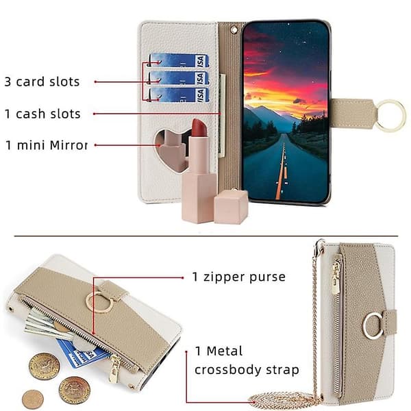Fodral för iPhone 11 Pro med dragkedjeficka, telefonväska, stativ och sminkspegel - Vit White Style E iPhone 11 Pro