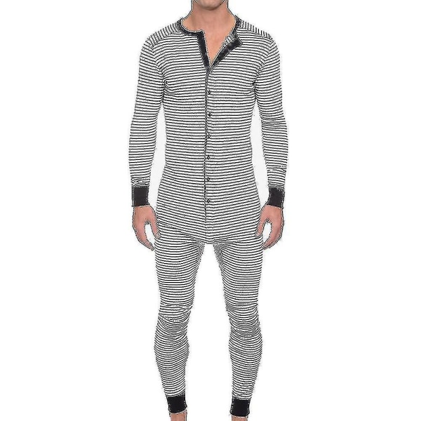 Randig pyjamas för män Långärmad One Piece Jumpsuit Sleepwear Pyjamas White 2XL