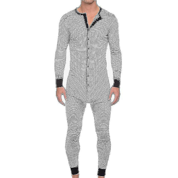 Stribede pyjamasser til mænd Langærmet jumpsuit i ét stykke nattøj White 2XL
