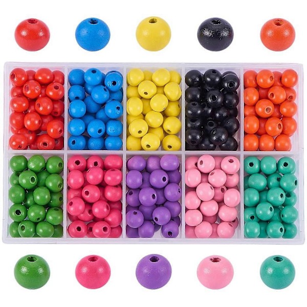 250 st 10 mm Färgade Miljövänliga Runda Träpärlor 10 Färger Stora Hål Träavståndspärlor för Jul Halloween DIY Hantverk Smyckestillverkning, Makramé