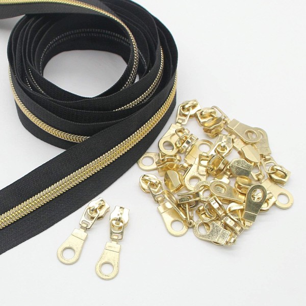 #5 Guld Metallic Nylon Lynlåse På Meter Mål Bulk 10 Meter Sort Bånd Med 25 stk. Guld Slidere Til DIY Syning Skrædder Håndværk Taske (sort)
