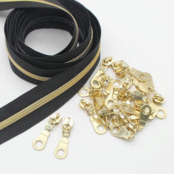 #5 Guldmetallisk Nylon Spolblixtlås Per Meter Bulk 10 Meter Svart Tejp Med 25 st Guldreglage För Diy Sömnad Skräddare Hantverk Väska(svart)