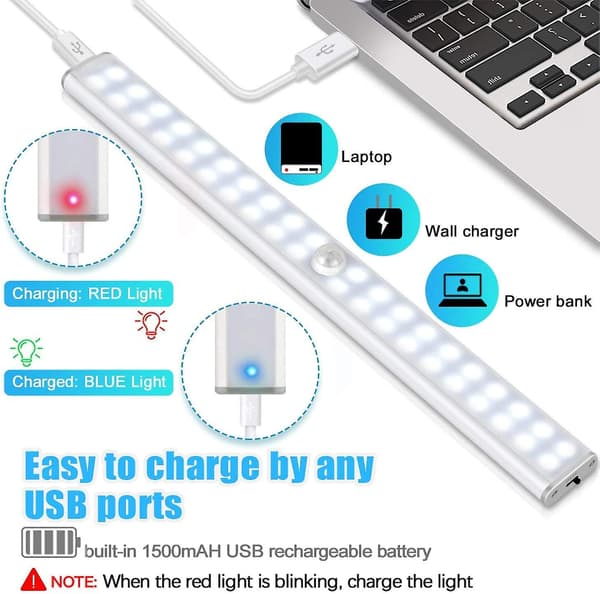 40 LED Skabslys, bevægelsessensor, USB genopladelig, 4 tilstande, 30 cm (hvidt lys)