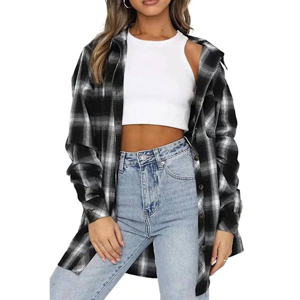 Høstskjorte for kvinner, avslappet langermet rutete shackets for utendørs dating, shopping og bruk 2XL Black White