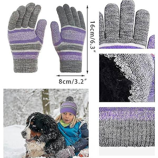Sztxj (violetti) 3 in 1 Lämmin pipo, huivi ja käsineet -setti lapsille, talvi, paksu neulosfleece, tupsupipo kaulurilla, huivi ja käsineet pojille ja tytöille 3-8 vuotta O