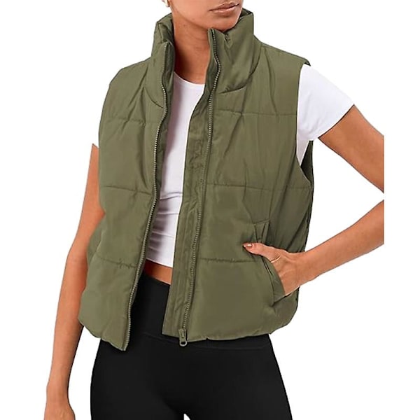 Puffer Vest Dame Ærmeløs Vinter Cropped Stand-up Krave Dunjakke Green M