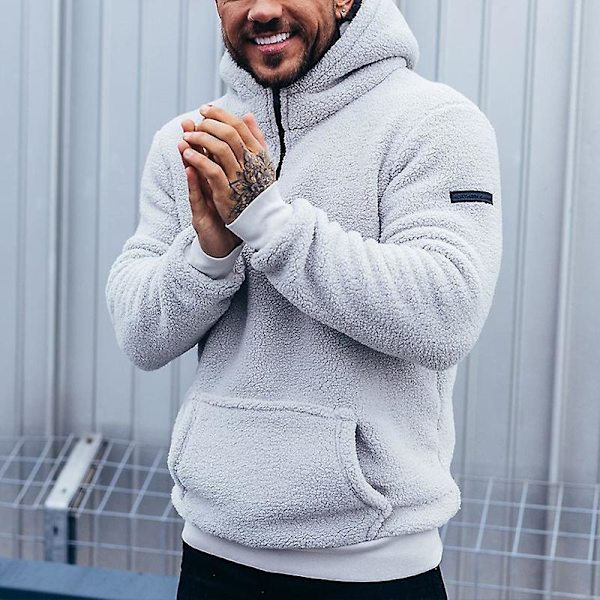 Mjuk Teddy Hoodie Fleece Dragkedja Pullover Jacka Med Fickor för Män White 2XL