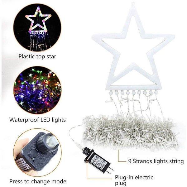 Juledekorasjon Utendørs Stjerne Lyslenke, 5 meter Juletre Topplys 320 LED 8 Minnemoduser med 35 cm Lysende