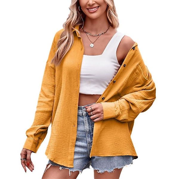 Dam Casual Långärmad Skjortor, Lös Passform Krage Skjorta Toppar Yellow 2XL