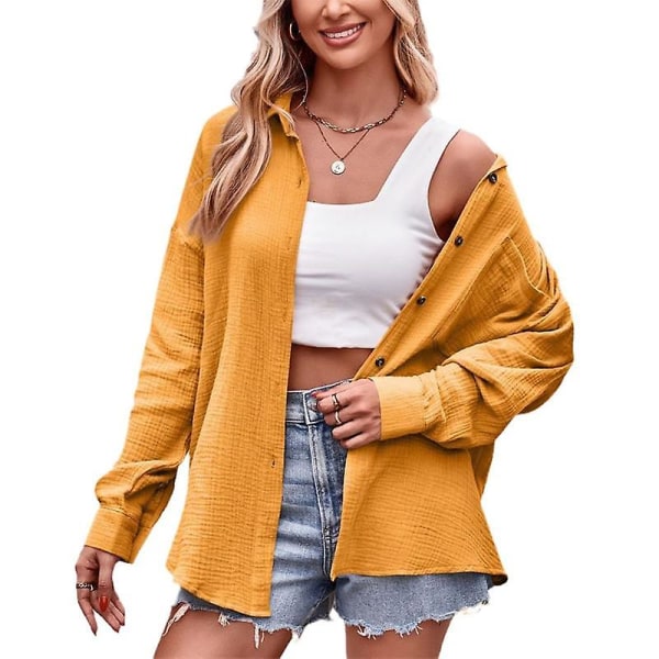 Kvinner Casual Langærmet Skjorte, Løstsittende Skjorte Topper med Krage Yellow L