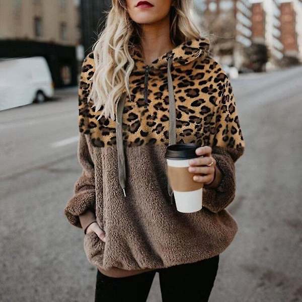 Hoodie för kvinnor Leopardmönstrad plyschtröja med fickor dragsko huva 4XL Red Khaki