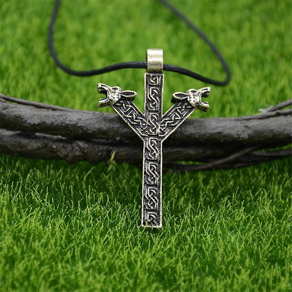 Nordiska Runor Algiz Skydd Amulett Varg Huvuden Talisman Viking Halsband Hänge Smycken Rope Chain Bronze