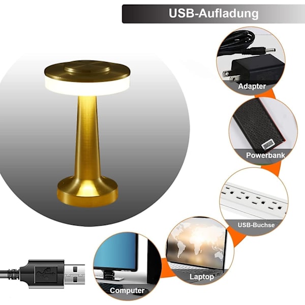 LED Bordlampe, Metall Trådløs Med Berøringssensor Oppladbar Skrivebords Nattlampe, Bar Restaurant Kaffe Soverom, (sølv)
