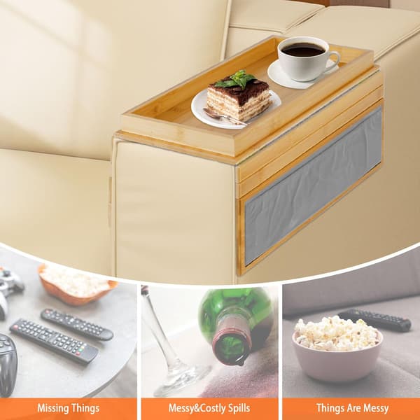Naturlig Bambus Armlenebrett for Sofa Armlenebrett med Oppbevaringspose Sammenleggbart Sklisikkert Sidebord for Snacks, Kopper og Tilbehør