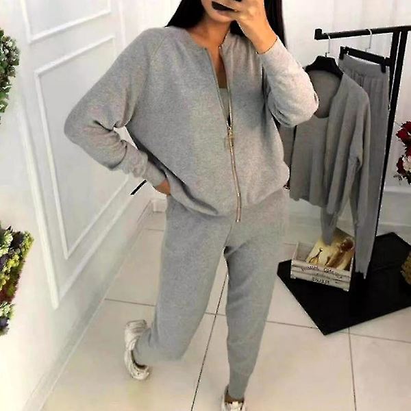 2021 vår outfit dammode tredelad kostym väst stickad kappa elastisk L Gray