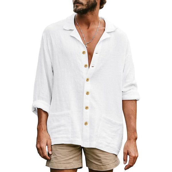 Herre fritidsskjorte langermet lapell krage strandskjorte topp White XL