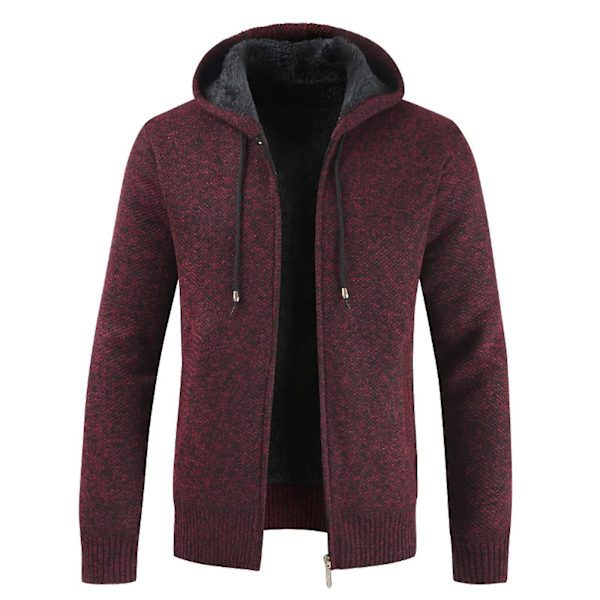 Herre Casual Strik Hættetrøjer Lynlås Hætte Fleece Langærmet Sweatshirt Vinter Opvarmning XL Wine Red