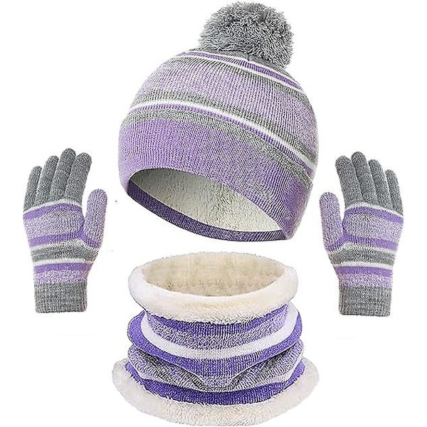 Sztxj (violetti) 3 in 1 Lämmin pipo, huivi ja käsineet -setti lapsille, talvi, paksu neulosfleece, tupsupipo kaulurilla, huivi ja käsineet pojille ja tytöille 3-8 vuotta O