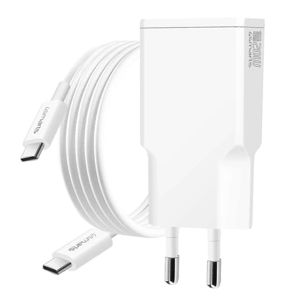 USB-C Sektorladdare GaN 20W Kompakt Format + USB-C Kabel 60W, Vit