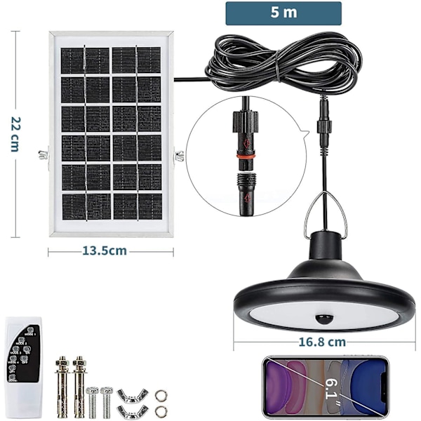 Solcellelampe, 4 moduser, 6 lysstyrker, med bevegelsessensor, fjernkontroll, hvitt lys