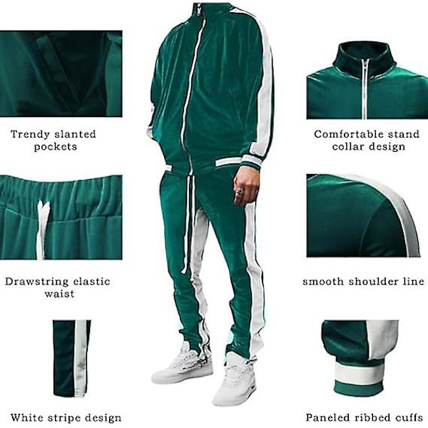 Mjukisdress i sammet för män, avslappnad jacka och byxor Green M