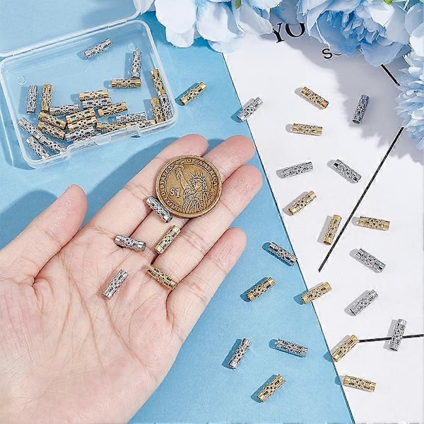 50 stk. 2 farger hule rørperler 304 rustfritt stål rørperler 4 mm diameter hule mønsterperler Europeiske søyleperler Metallmellomleggsperler for DIY Cra